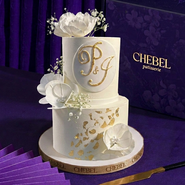 White and Gold Monogram Engagement Cake